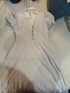 Girls Puff Sleeve Smocked Waist Dress in cream